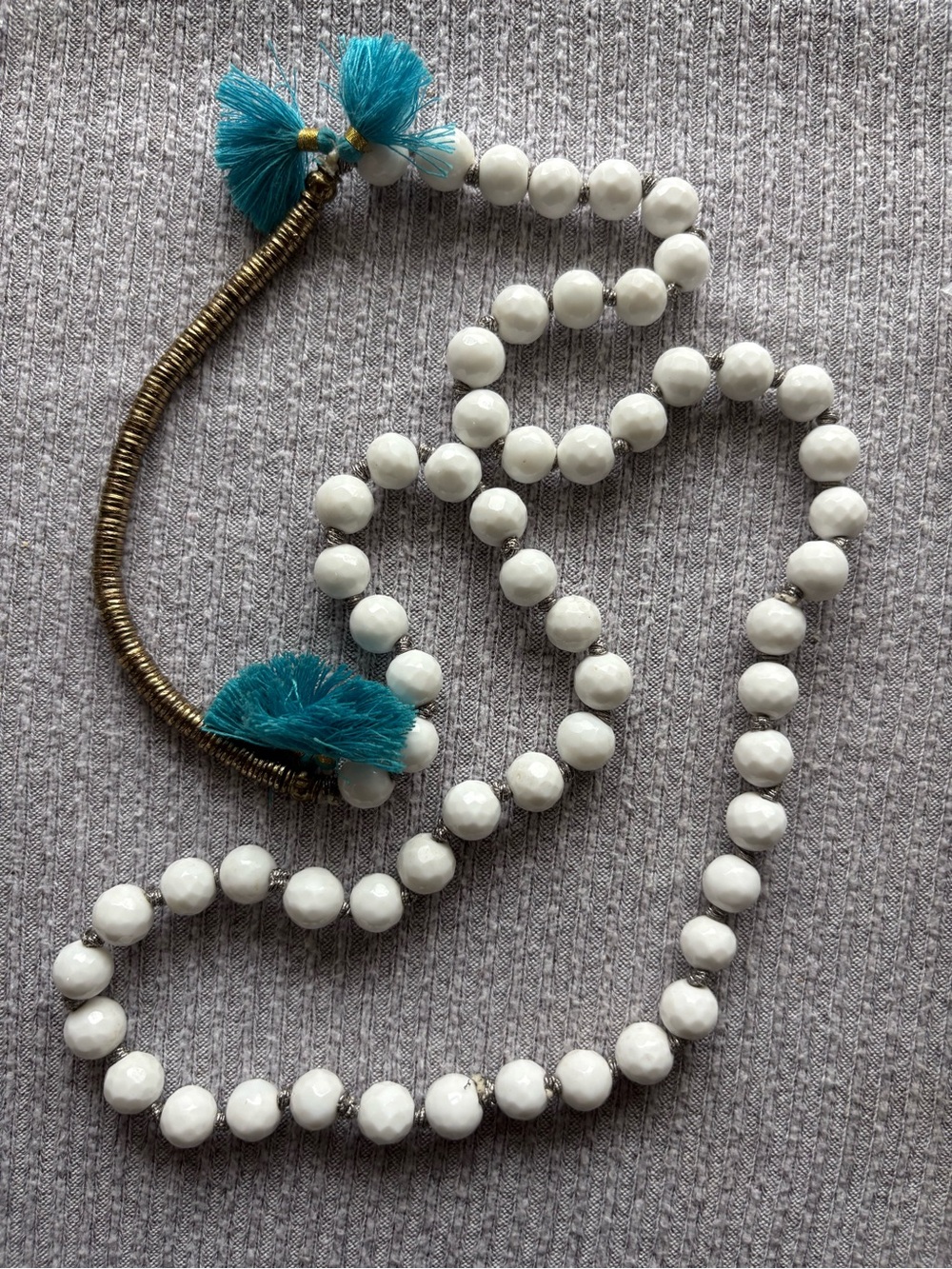 Bohemian theme white & bronze tone beaded necklace w turquoise color tassels